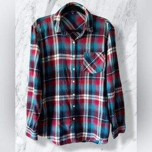 Plaid Flannel Button-Down Shirt – Soft Brushed Fabric, Teal/Red/Navy